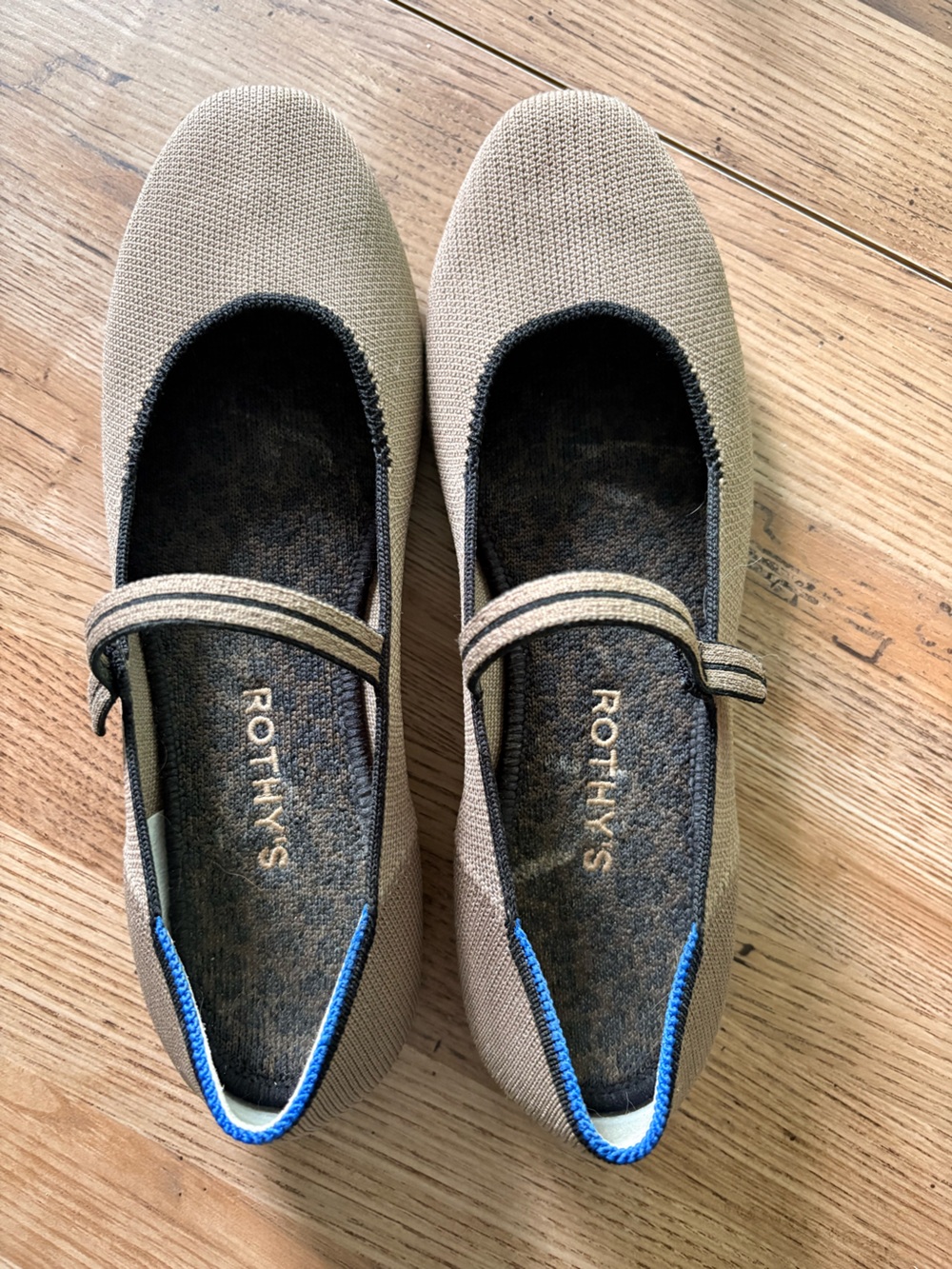 Rothy's Mary Jane Slip-On in Tan with Blue Trim